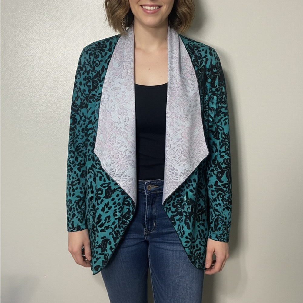 Teal and Black  Floral Print Cardigan Sole Dione Studio size 2X Polyester